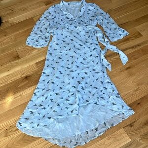 GANNI Sky Blue wrap Dress with Black Floral Accents, sz 42, L, XL